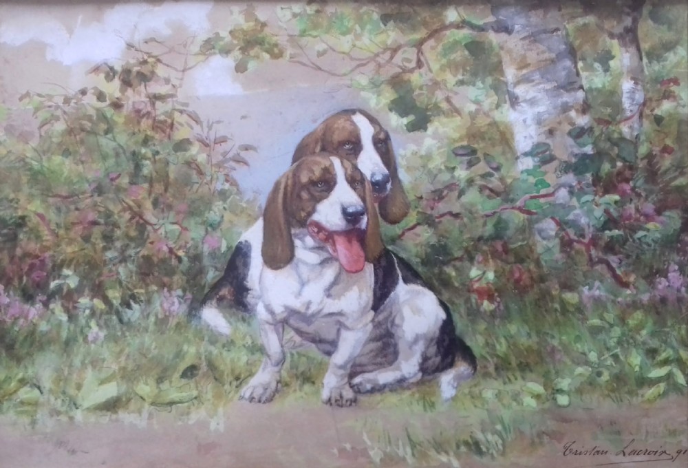 Basset hounds in a landscape, French dog painting, 1891, hounds by animalier Tristan Lacroix (1849-1914) watercolour on paper