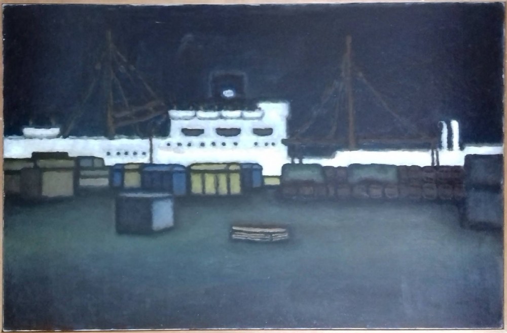 Cargo port at night, large French abstracted harbour scene oil on canvas by Bonnard's great nephew Michel Terrasse