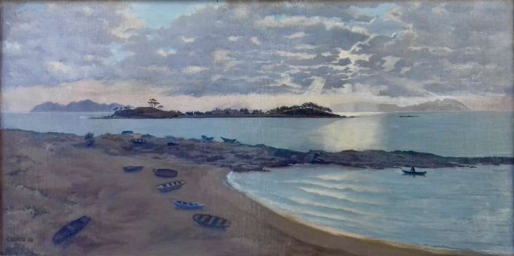 An oil painting on canvas depicting a quiet beach with several rowboats on the sand beneath overcast evening skies over Vigo Bay.
