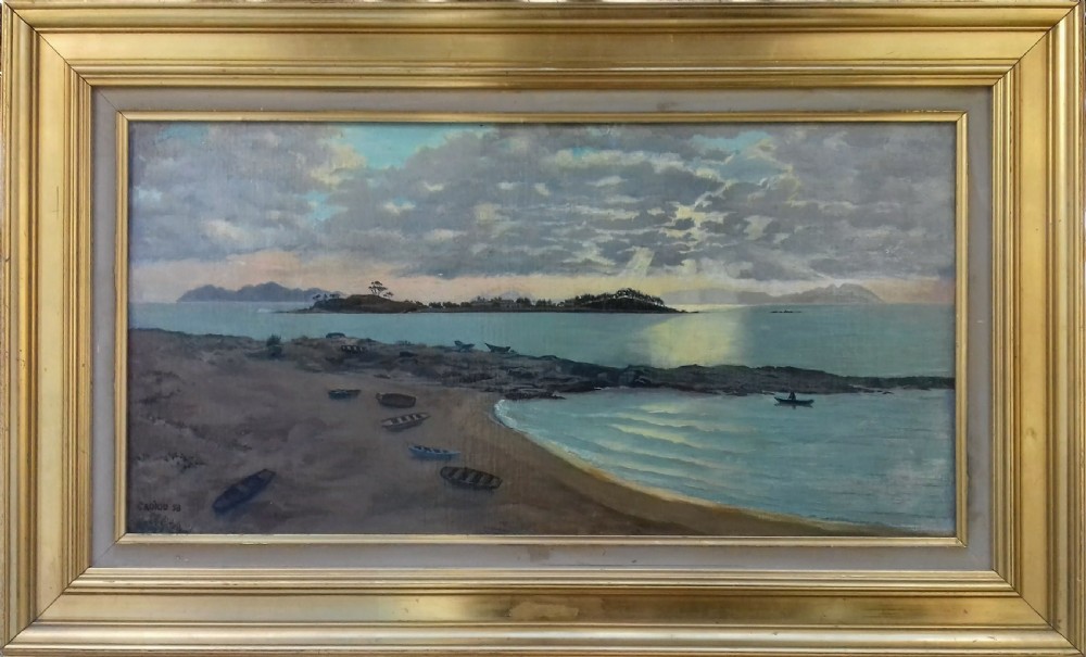 An oil painting on canvas depicting a quiet beach with several rowboats on the sand beneath overcast evening skies over Vigo Bay. View II