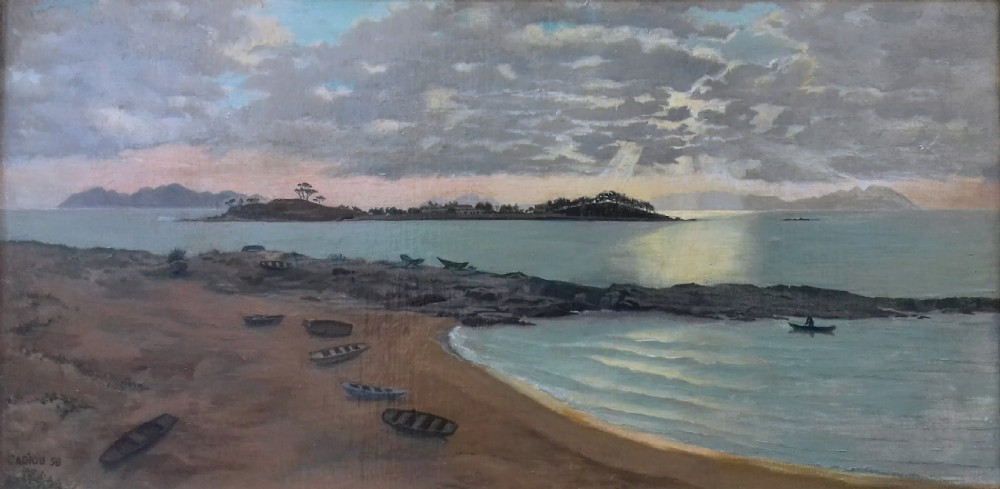 An oil painting on canvas depicting a quiet beach with several rowboats on the sand beneath overcast evening skies over Vigo Bay. View VI