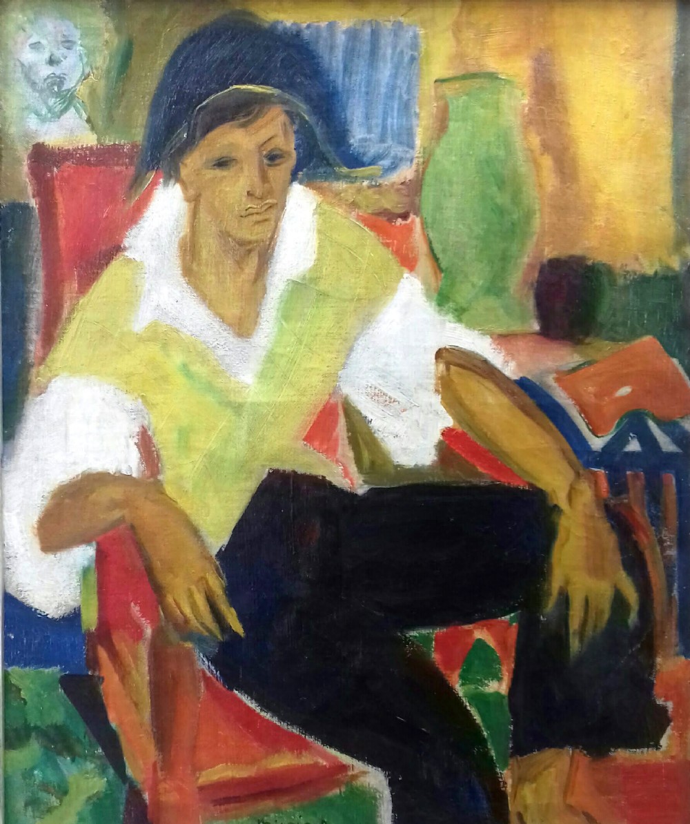 The red armchair, man with the cocked hat: French fauve colourist Jean Micoine ca 1948 abstracted oil on canvas