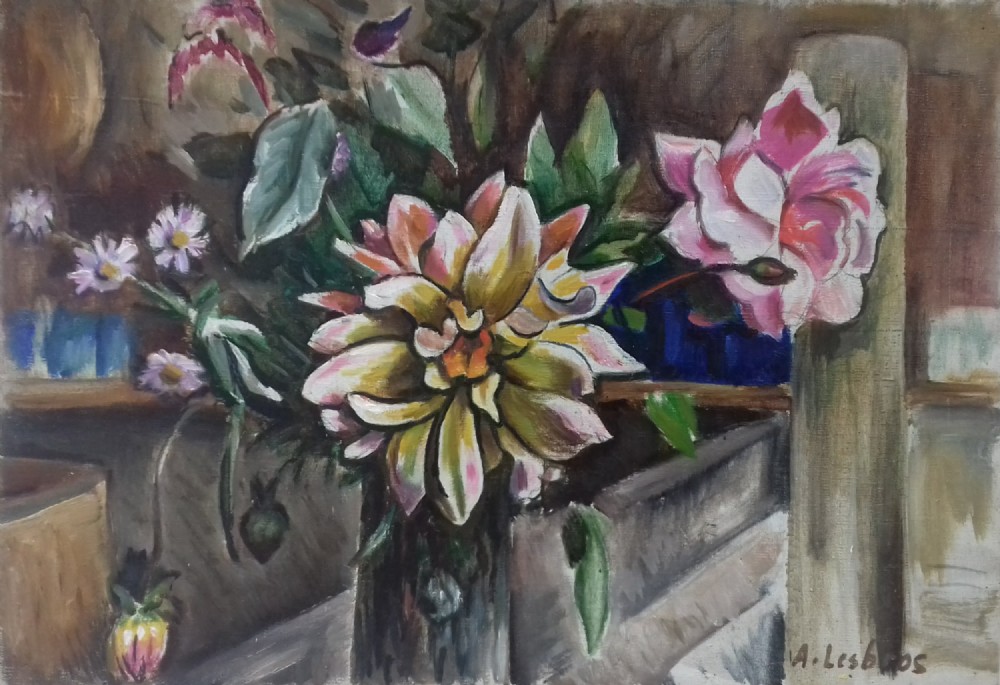 French Cubist Floral Still Life, Flowers in the Provence studio,  1920s-30s by Alfred Lesbros (1873-1940)