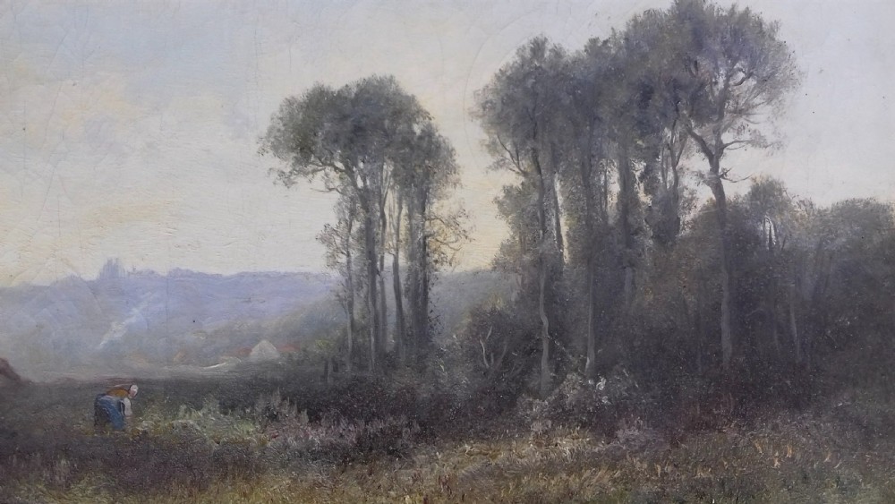 Luminous Barbizon landscape circa 1840, Figure in a forest glade, winter light, French Charles Lenglet b. 1771 oil on canvas View III