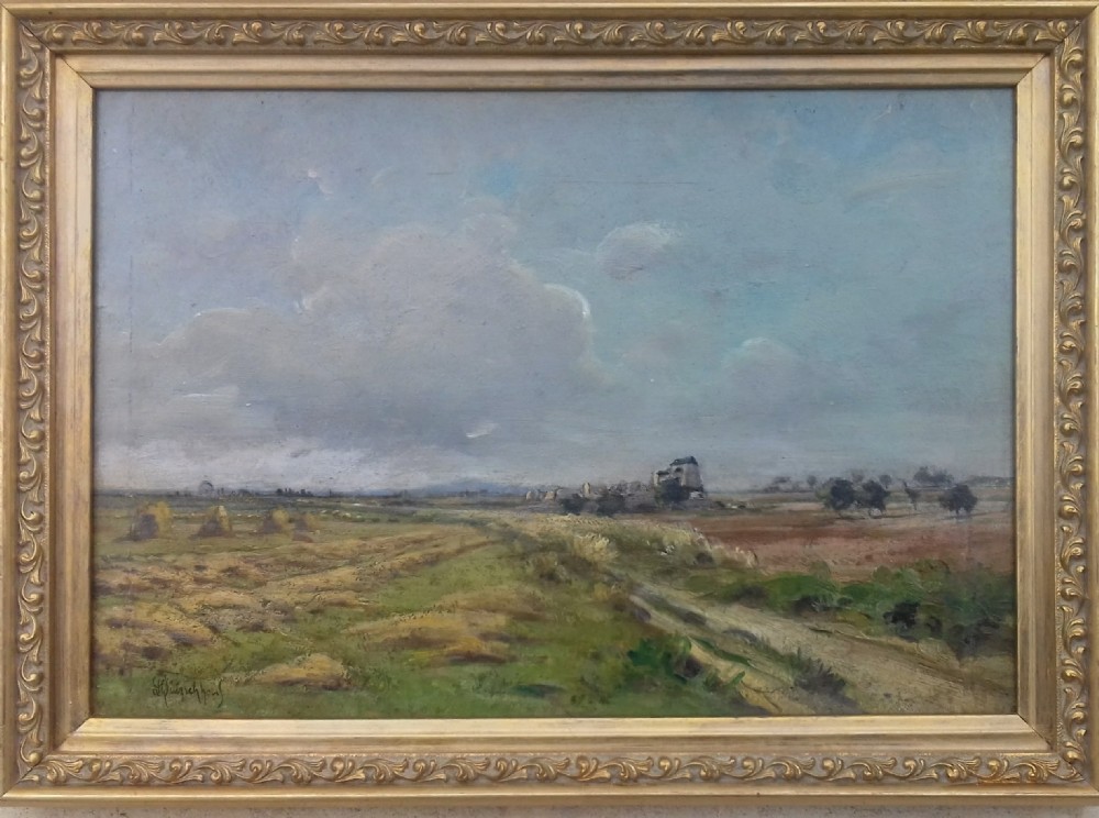 Cloud study, wide landscape, French 19th Century plein air master Henri Dutzschold oil on panel