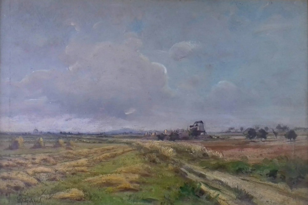 Cloud study, wide landscape, French 19th Century plein air master Henri Dutzschold oil on panel View VI