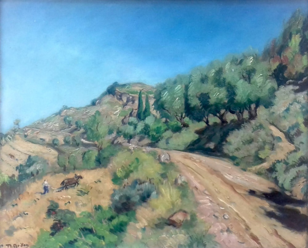 Farming on the hills near Lagrasse, South of France, Corbieres summer landscape, Roger Grillon, 1935  oil on canvas