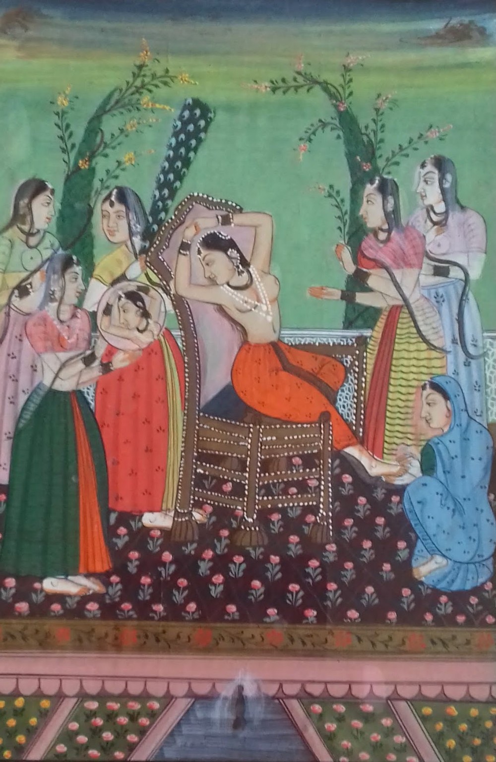 The Looking Glass, Antique Indian Miniature Painting, the grooming session gouache on paper 