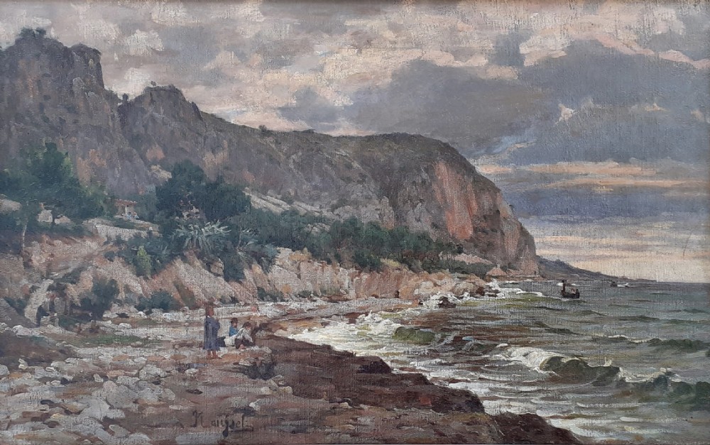 An antique oil painting on canvas depicting a coastal landscape in the South of France with figures on a stony shore beside cliffs under an evening sky. View IV