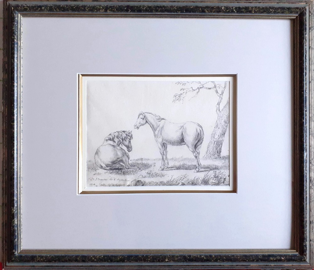 Old Master drawing: French Equestrian 1810 two horses in a landscape Alexandre Pau de Saint Martin (1751-1820) View III