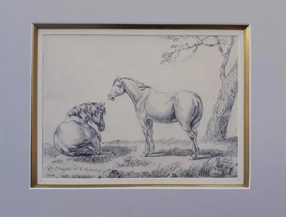 Old Master drawing: French Equestrian 1810 two horses in a landscape Alexandre Pau de Saint Martin (1751-1820) View IV