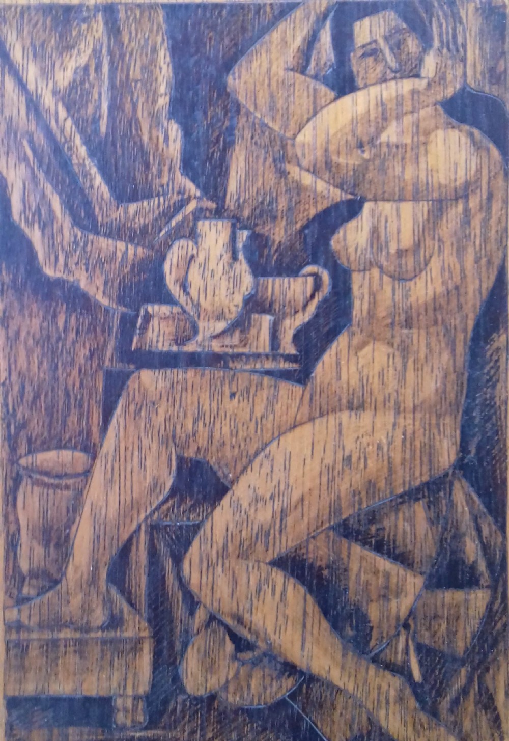 Cubist nude grooming, French art deco modernist burin etched antique drawing on panel