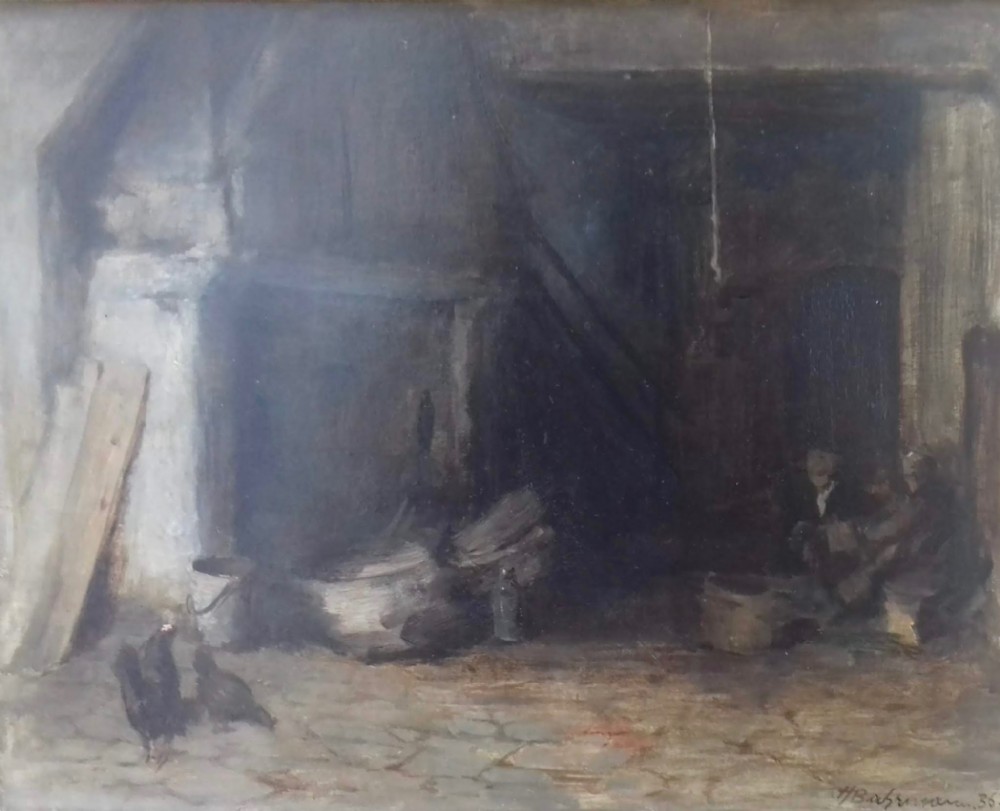 An antique oil painting on wood panel depicting a dimly lit cottage interior with chickens in the foreground and figures working near a hearth.