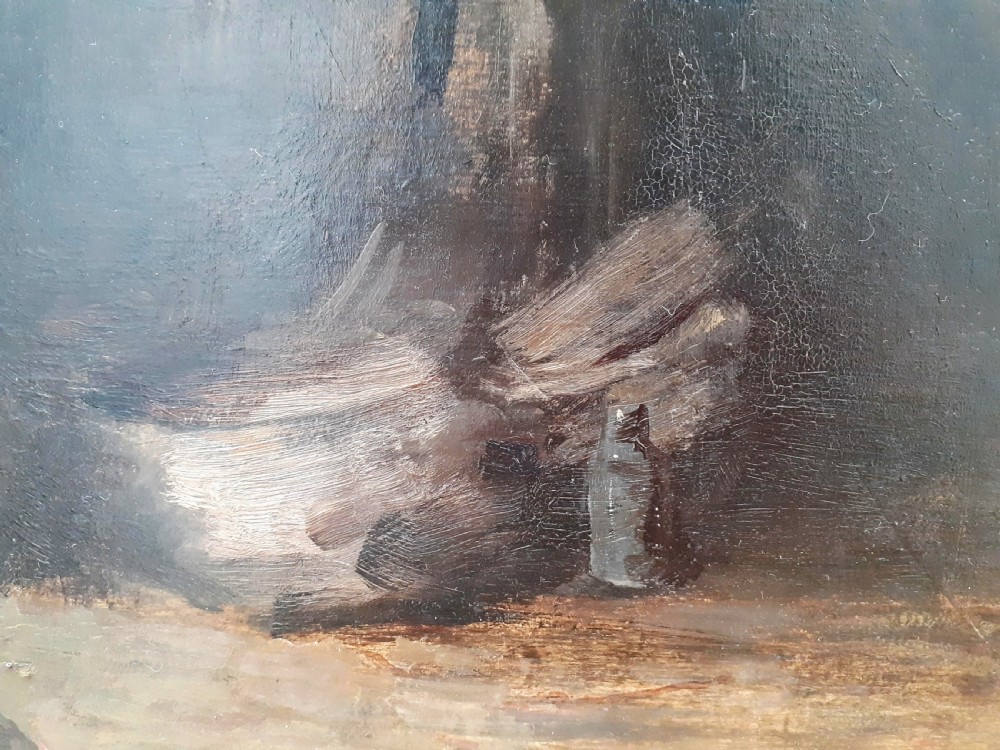 An antique oil painting on wood panel depicting a dimly lit cottage interior with chickens in the foreground and figures working near a hearth. View III