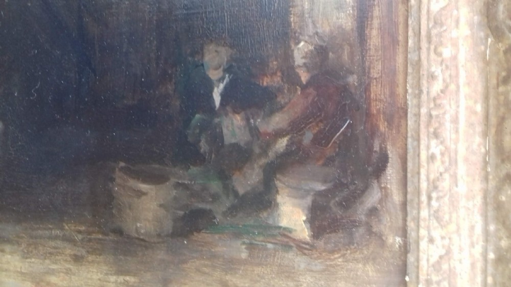 An antique oil painting on wood panel depicting a dimly lit cottage interior with chickens in the foreground and figures working near a hearth. View IV