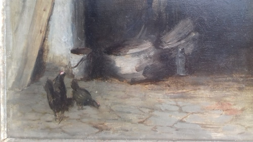 An antique oil painting on wood panel depicting a dimly lit cottage interior with chickens in the foreground and figures working near a hearth. View VI