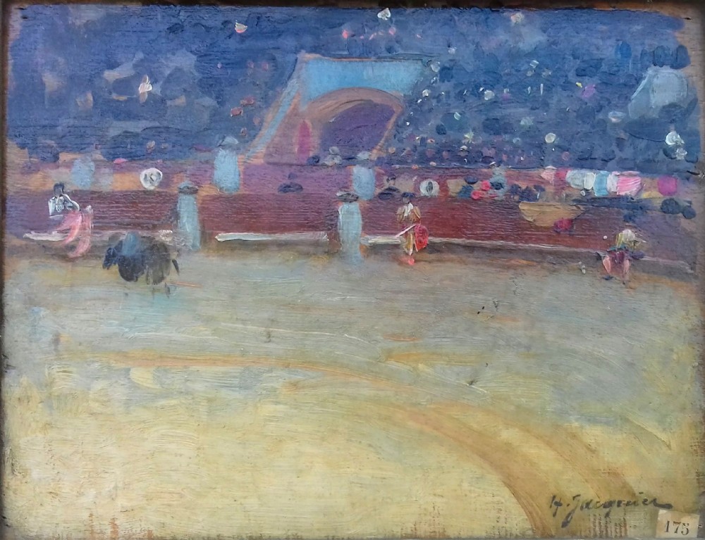 Pointillist Corrida, Provence South of France circa 1900 antique French oil on panel Feria Bullfighting 