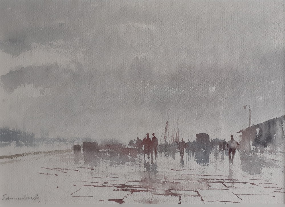 Masterpiece: Rainy Day on the Quay, Edward Seago RBA ARWS RWS (1910-1974)  marine landscape Norfolk East Anglia original watercolour exquisite provenance