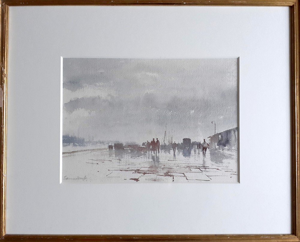Masterpiece: Rainy Day on the Quay, Edward Seago RBA ARWS RWS (1910-1974)  marine landscape Norfolk East Anglia original watercolour exquisite provenance View II