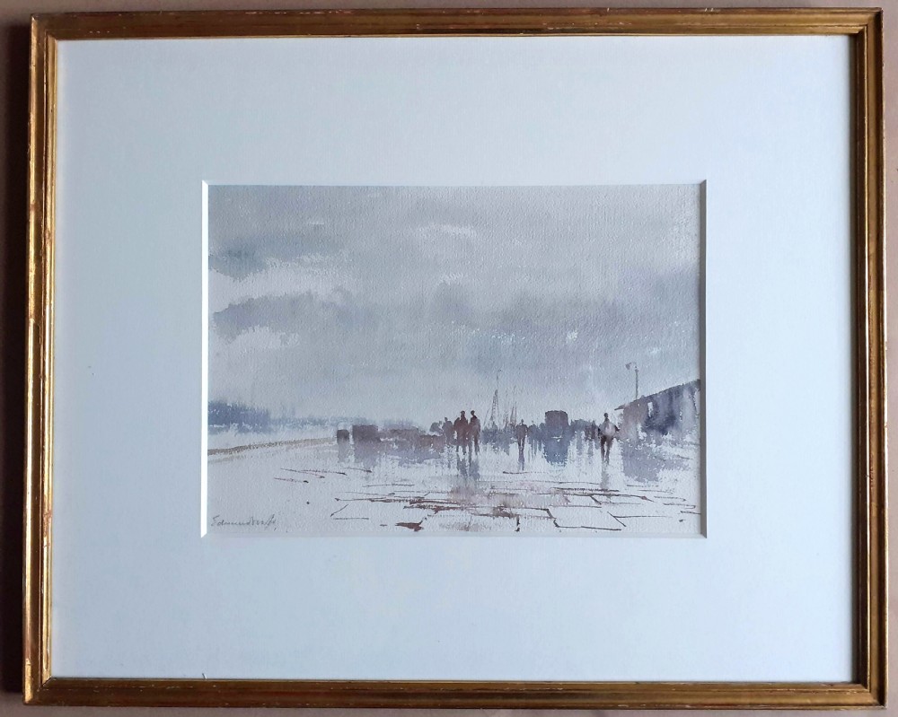 Masterpiece: Rainy Day on the Quay, Edward Seago RBA ARWS RWS (1910-1974)  marine landscape Norfolk East Anglia original watercolour exquisite provenance View IX