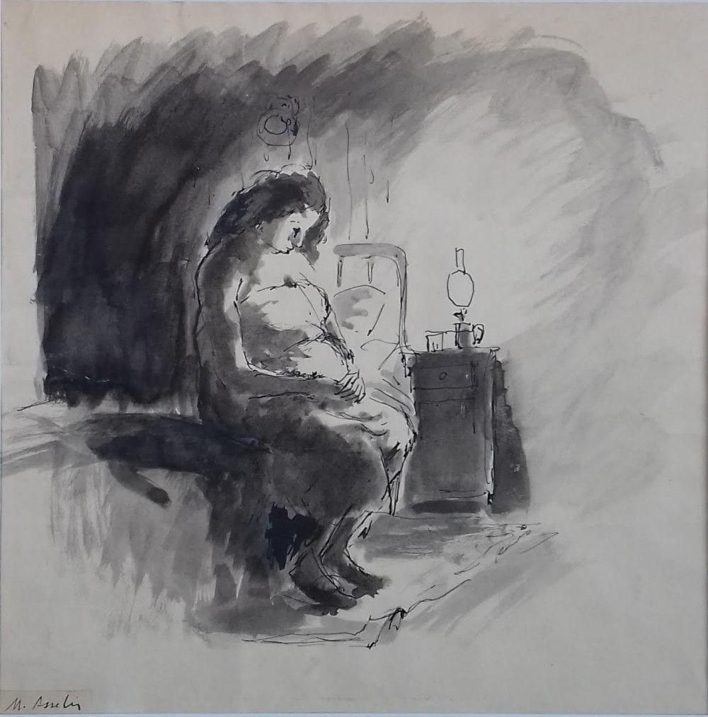 Reflection, the pregnant girl, ca 1915 Camden Town Group artist Maurice Asselin, ink on paper