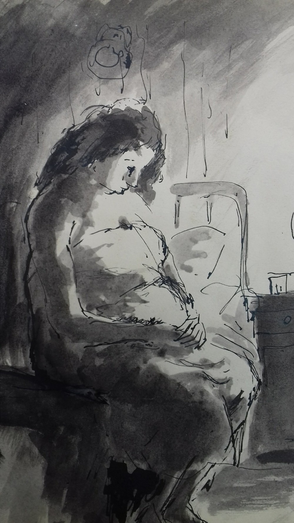 Reflection, the pregnant girl, ca 1915 Camden Town Group artist Maurice Asselin, ink on paper View II