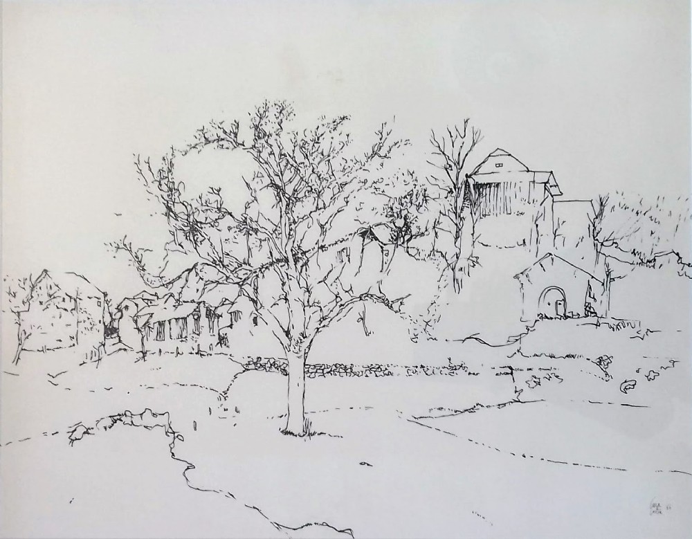 Elegant Modernist tree study, farmhouses, mid 20th Century French ink line drawing