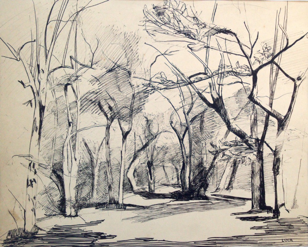 Elegant Cubist Tree Study, ca 1940 French Prix de Rome Pierre Lucas (1913-78) modernist ink on paper.