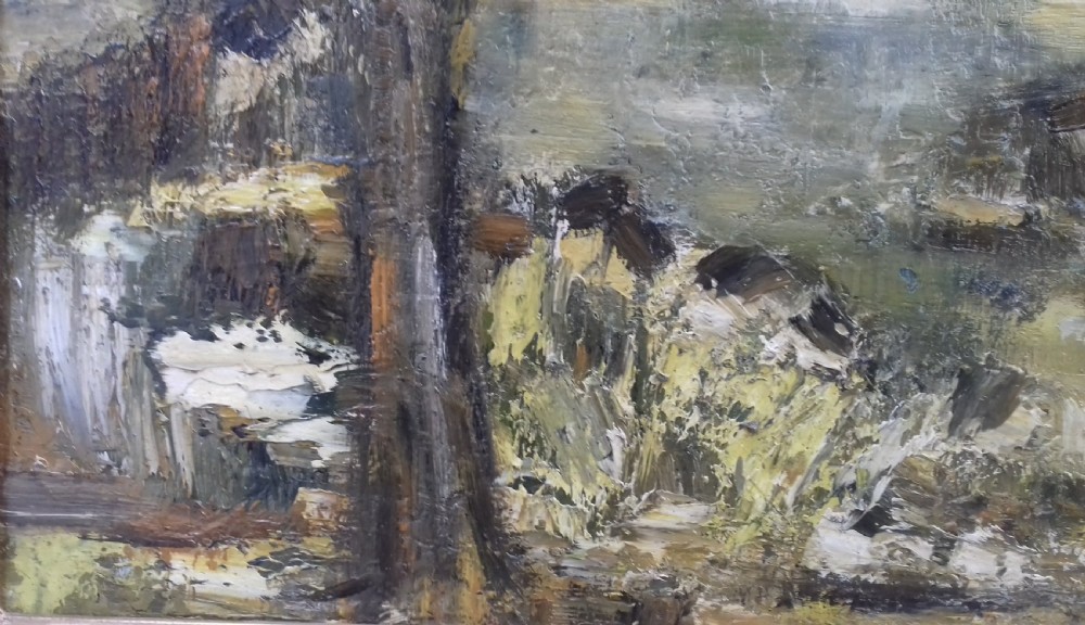 A mid-century French modernist oil painting depicting an atmospheric landscape in olive green, ochre, and grey tones. View II