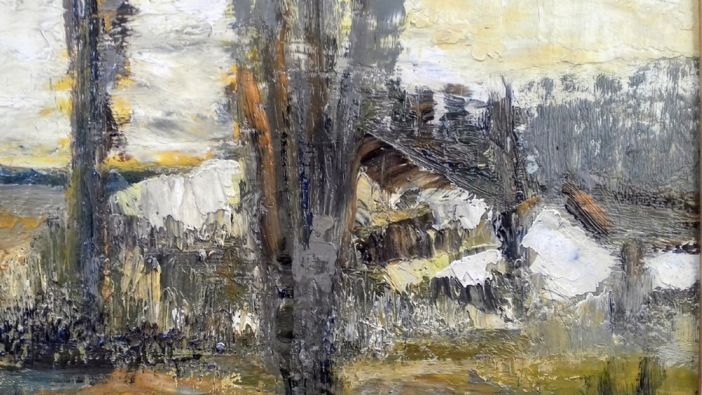 A mid-century French modernist oil painting depicting an atmospheric landscape in olive green, ochre, and grey tones. View III