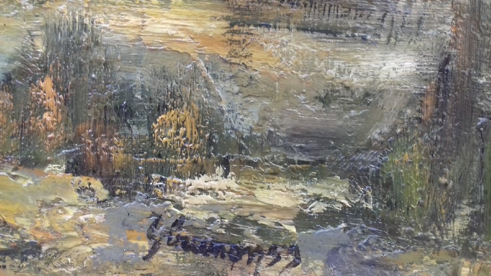 A mid-century French modernist oil painting depicting an atmospheric landscape in olive green, ochre, and grey tones. View IV