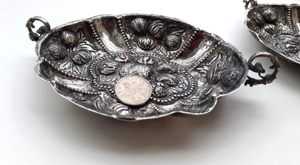 Antique Arts and Craft period pair of repoussé Silver Bowls with handles for nuts and nibbles Continental Silver View III
