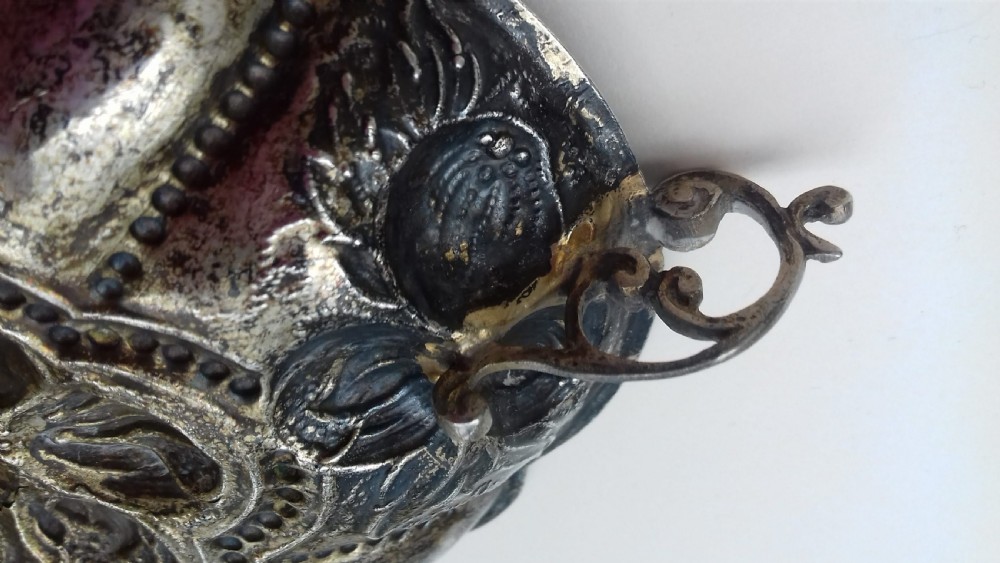 Antique Arts and Craft period pair of repoussé Silver Bowls with handles for nuts and nibbles Continental Silver View V