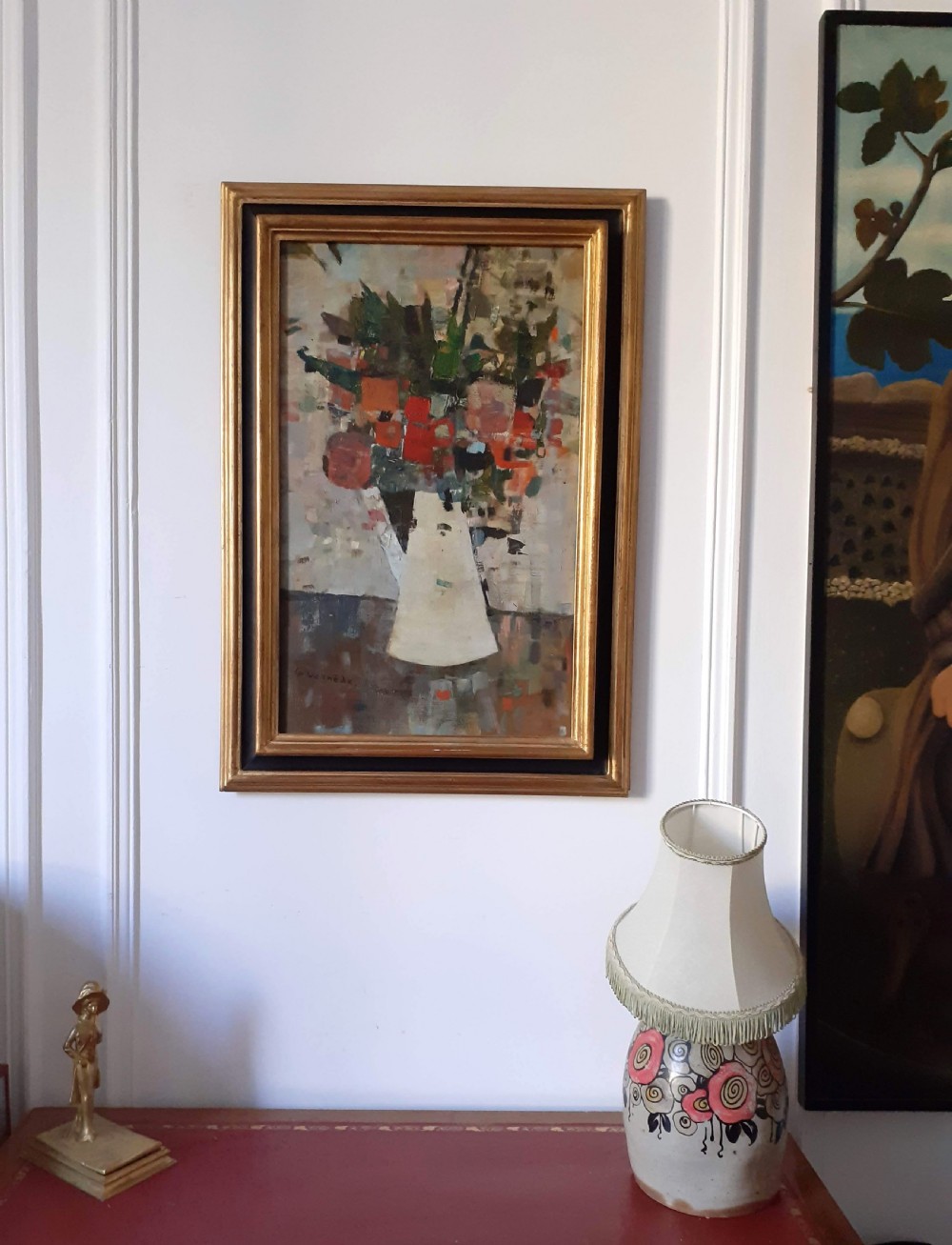Flowers in a coffee pot, abstracted floral still life, life affirming French modernist oil on canvas, wonderful provenance View III