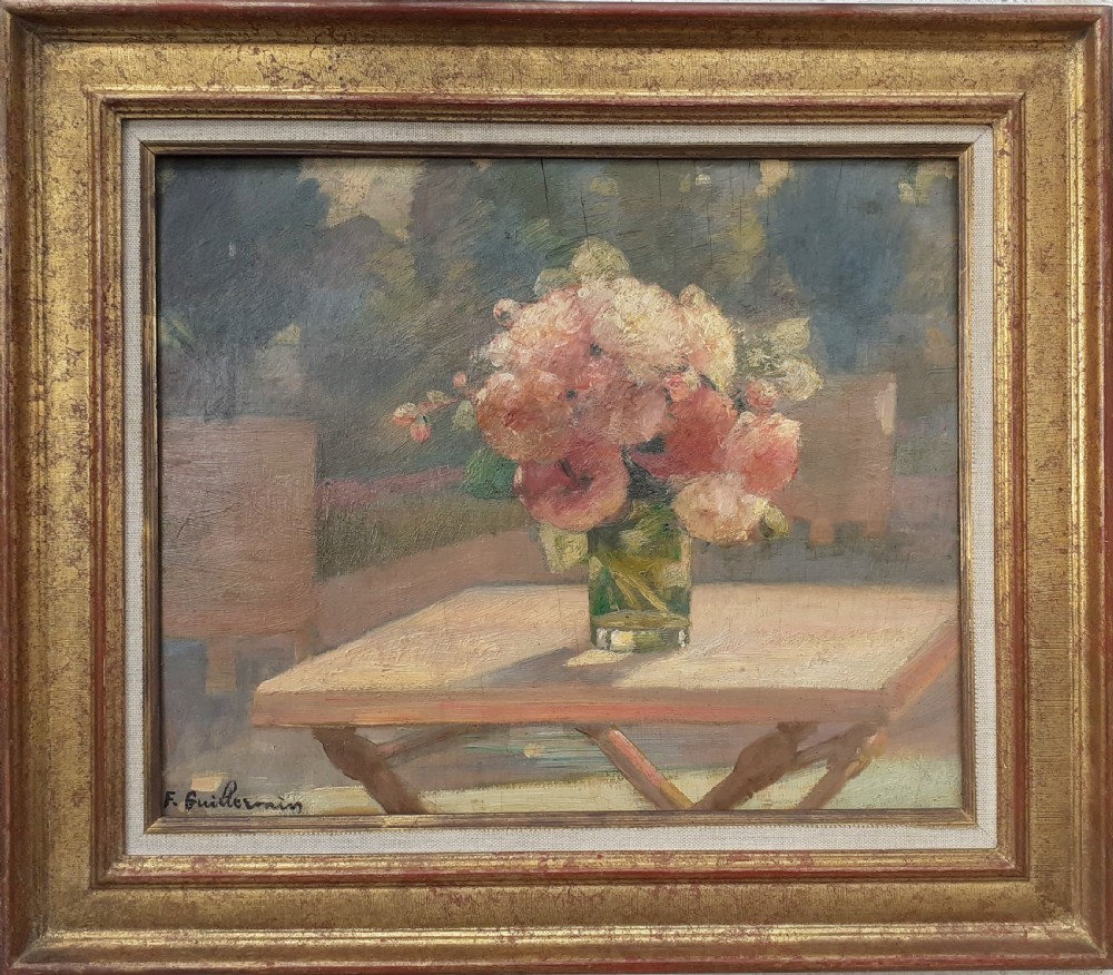 Flowers in a garden table graceful elegant 1920s modernist French Lyons Floral Still Life oil on board View II