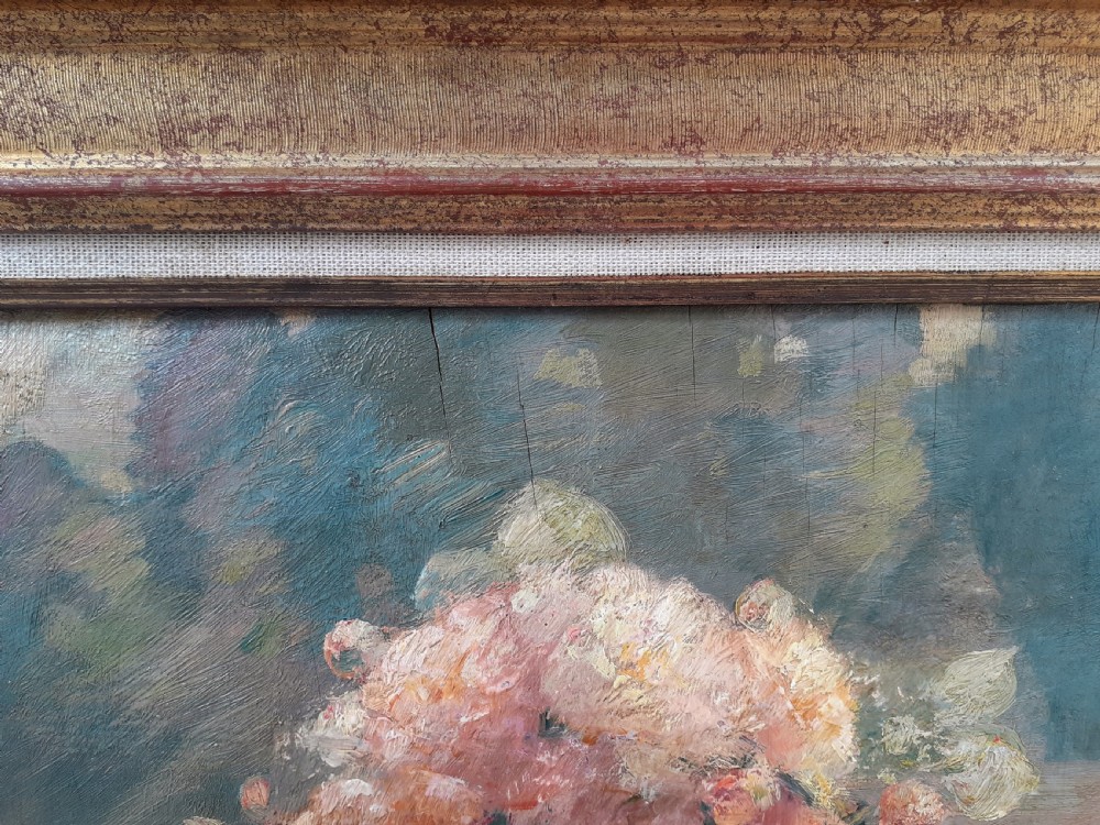 Flowers in a garden table graceful elegant 1920s modernist French Lyons Floral Still Life oil on board View VI