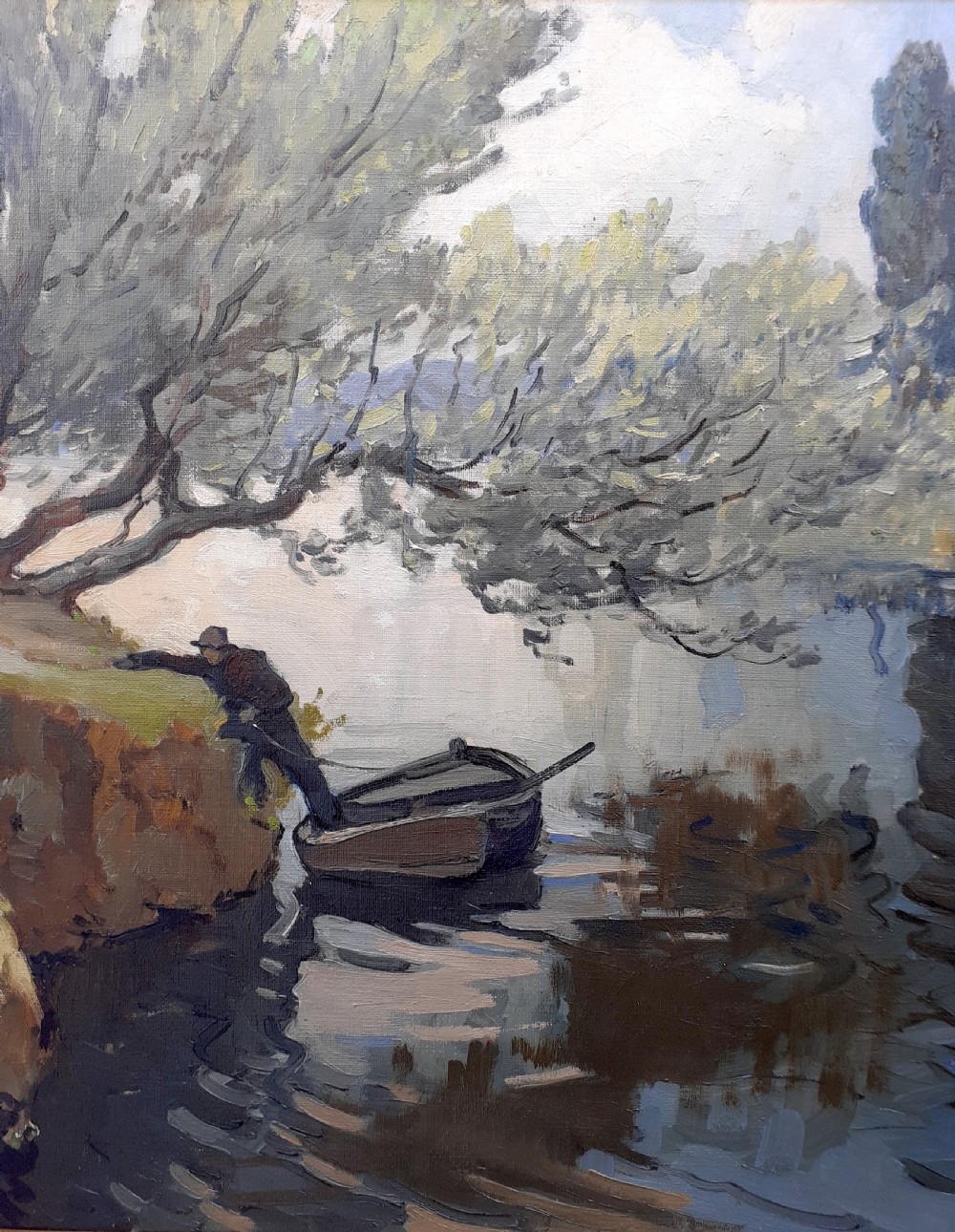Quiet morning on the river, water landscape, French 1940's oil on canvas by Gabriel Vie (1888-1973), the angler's return View V