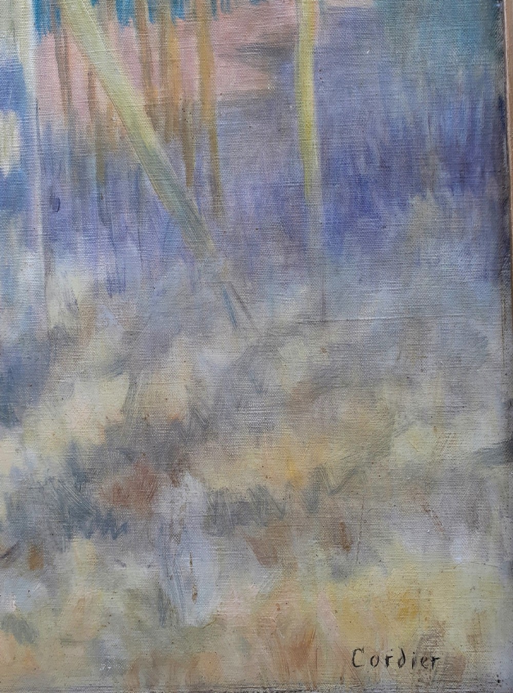 A 1930s French oil painting depicting a figure leaning over a wooden farm gate overlooking rolling green and purple hills under a light blue sky. View III