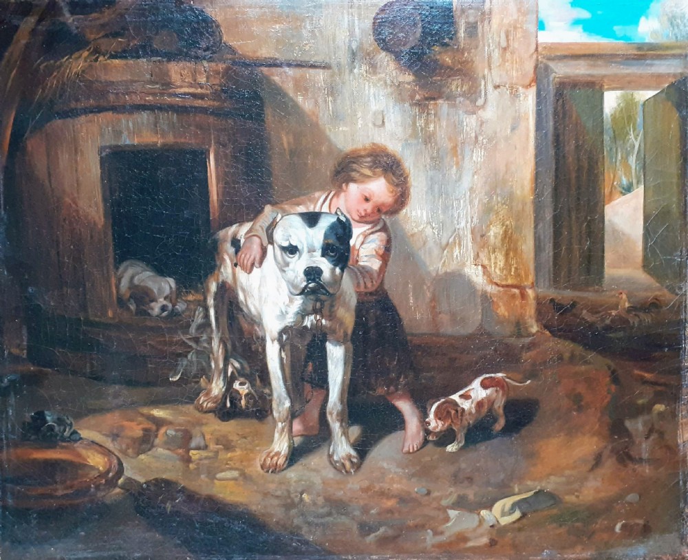 Mother dogue and her pups in the stables,19th Century dog painting French Barbizon oil on canvas