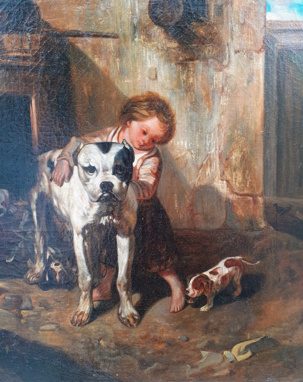 Mother dogue and her pups in the stables,19th Century dog painting French Barbizon oil on canvas View II