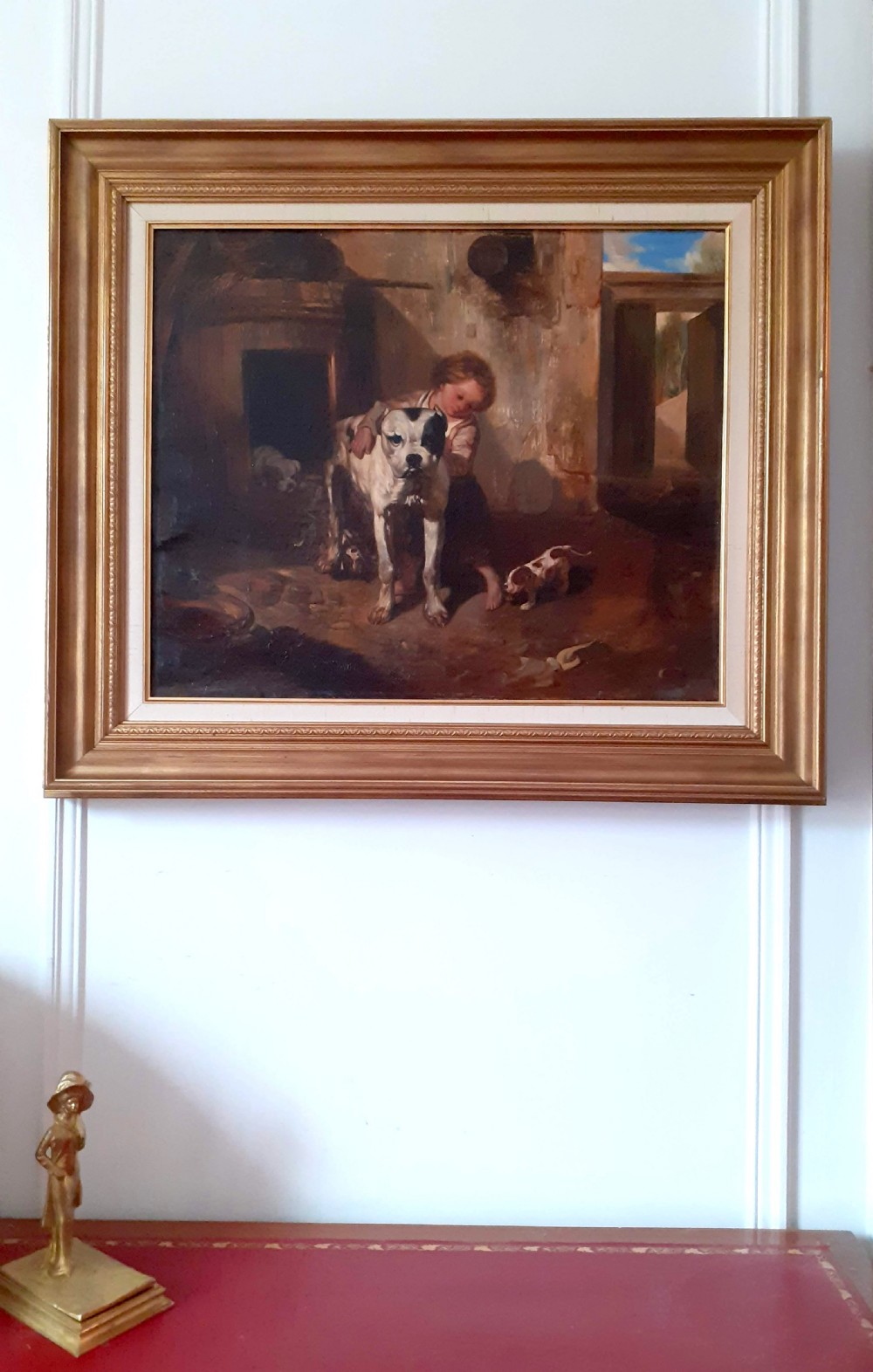Mother dogue and her pups in the stables,19th Century dog painting French Barbizon oil on canvas View VI