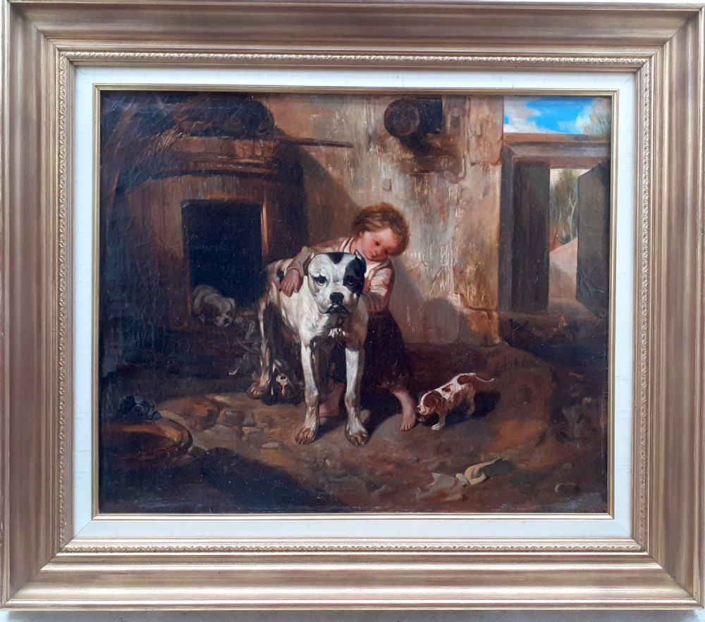 Mother dogue and her pups in the stables,19th Century dog painting French Barbizon oil on canvas View IX