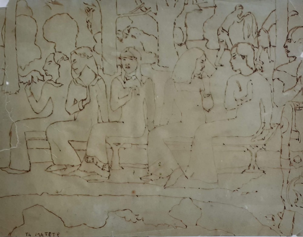 Taiti market day manner of Gauguin circa 1900 Ta Matete original antique ink drawing