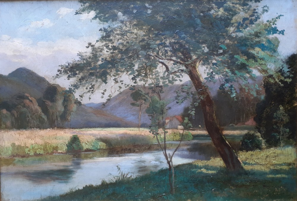 Peaceful River Landscape, 1901 Summer in the Voges Mountains, the Moselle near Remiremont, French antique oil on canvas View VII