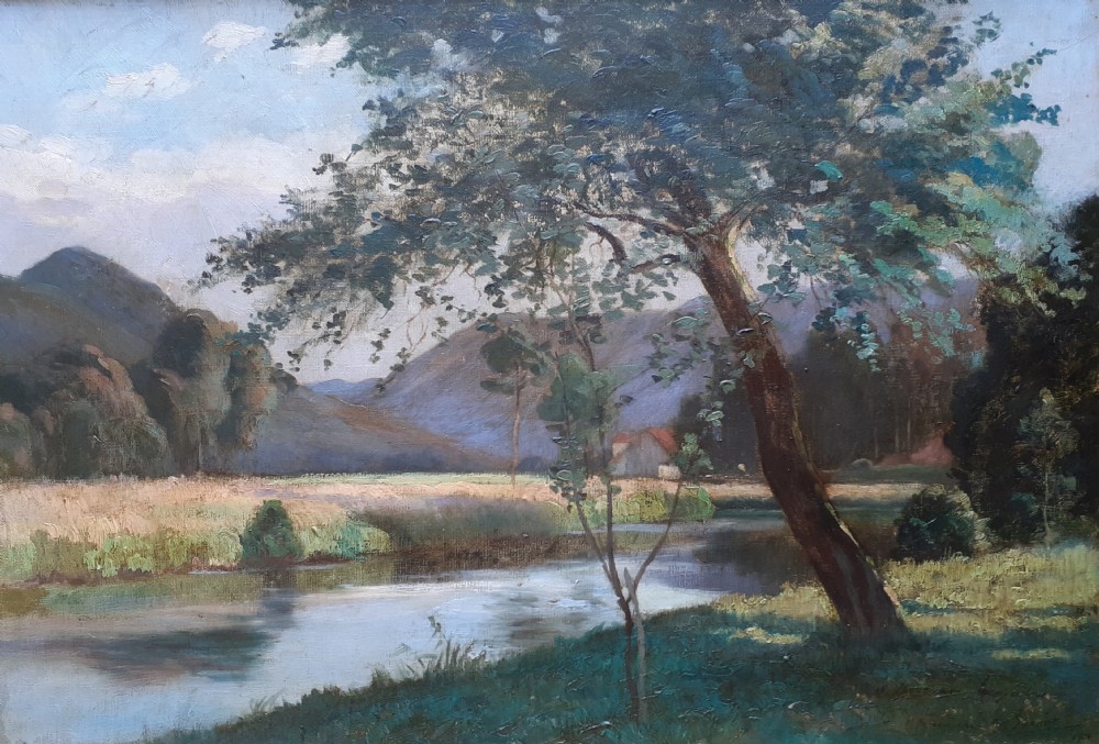 Peaceful River Landscape, 1901 Summer in the Voges Mountains, the Moselle near Remiremont, French antique oil on canvas