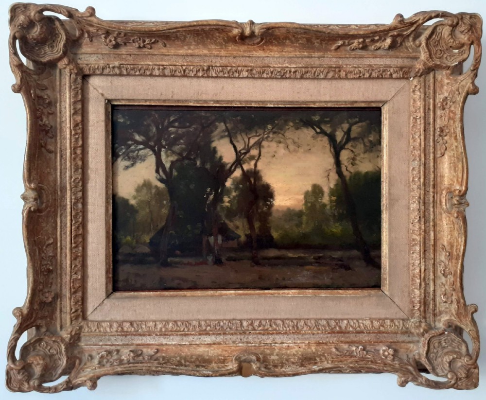 The encampment: mysterious chiaroscuro landscape evocative French 19th Century oil on panel