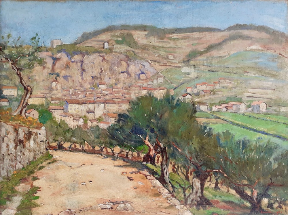 Spring in Provence, Olive trees, hillside village, the South of France, antique French oil on canvas