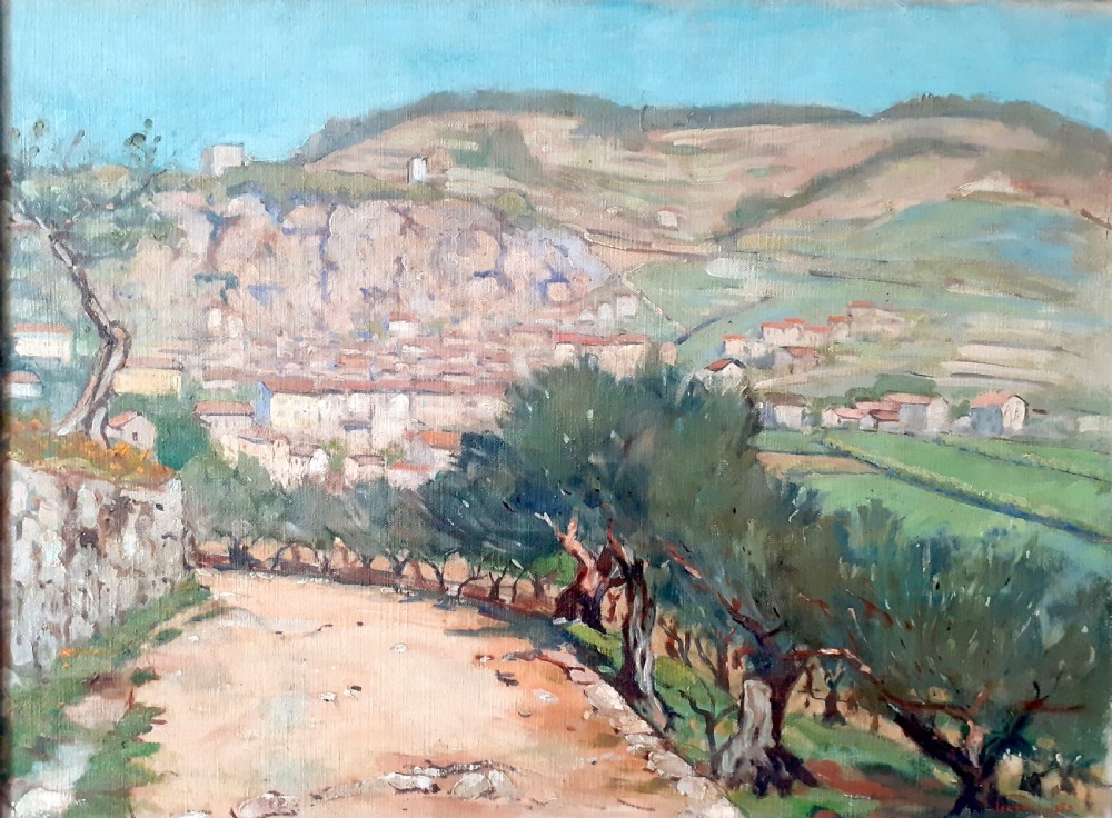 Spring in Provence, Olive trees, hillside village, the South of France, antique French oil on canvas View III