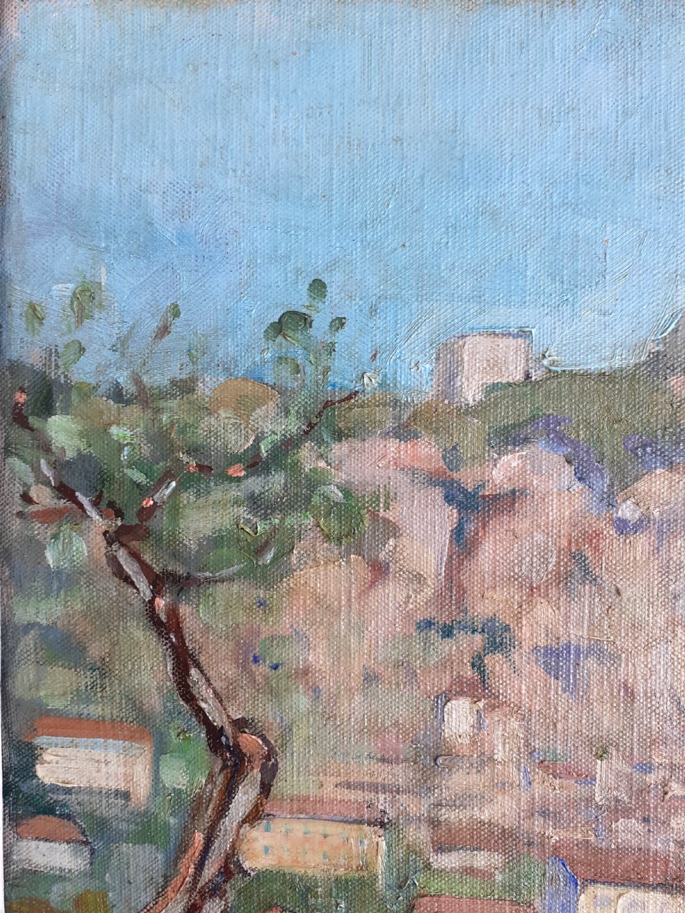 Spring in Provence, Olive trees, hillside village, the South of France, antique French oil on canvas View IV