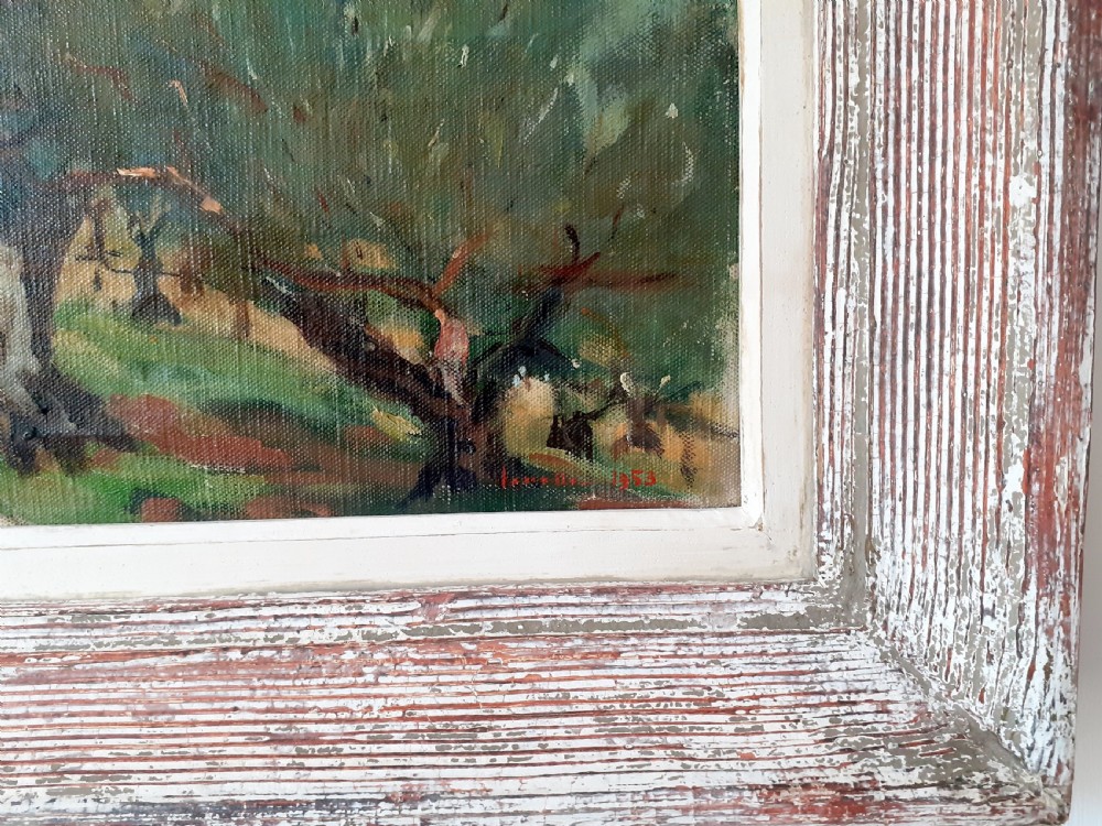 Spring in Provence, Olive trees, hillside village, the South of France, antique French oil on canvas View V